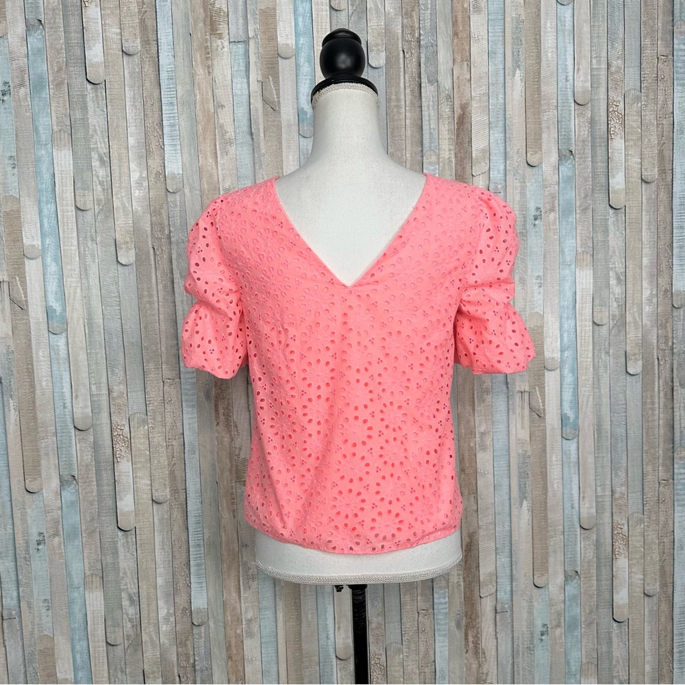 Lilly Pulitzer XXS XS Shaila Puff Sleeve Eyelet Blouse Top Bright Neon Pink‎ - Picture 6 of 14